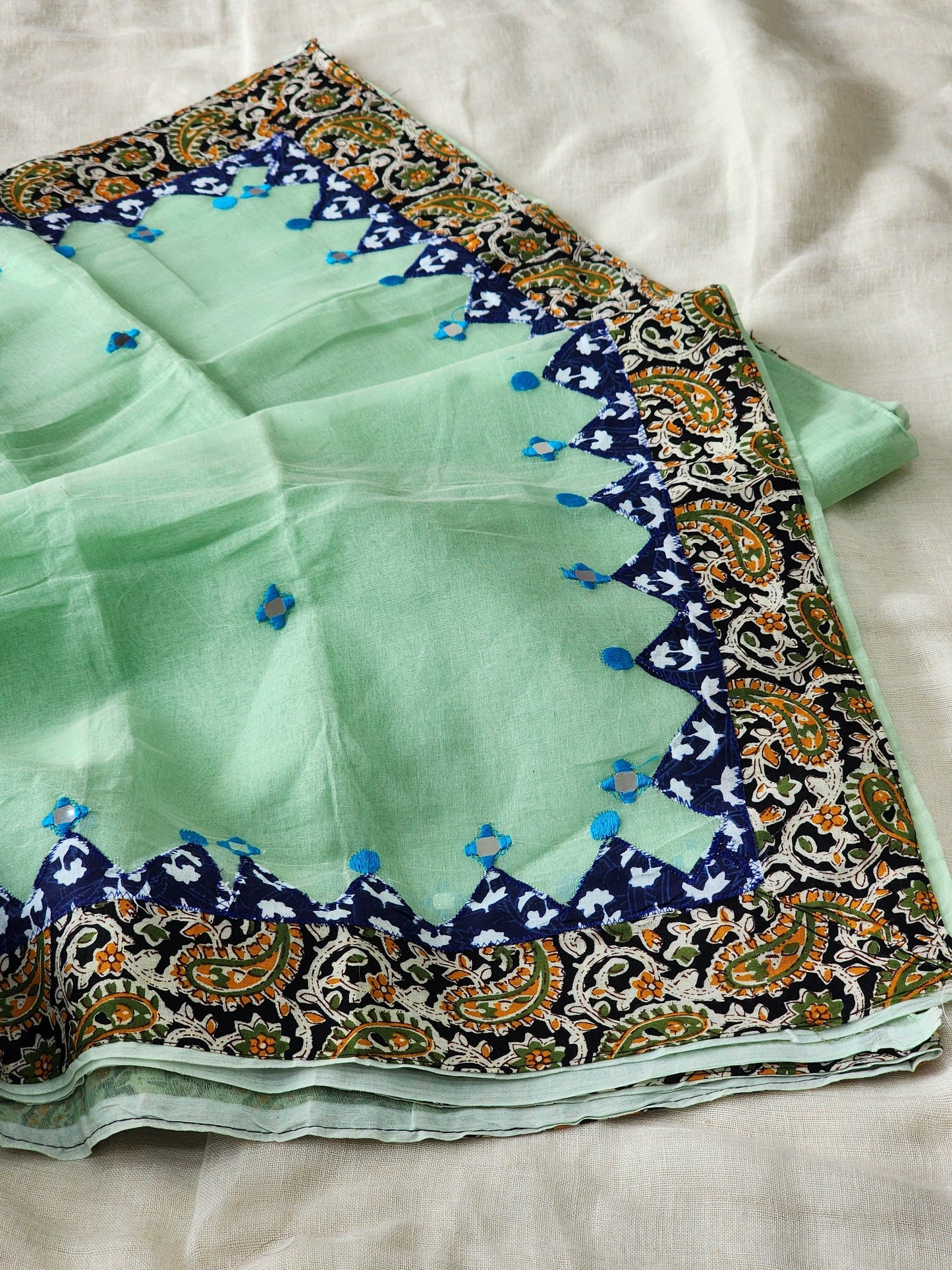 Mint Green Cotton Applique Saree