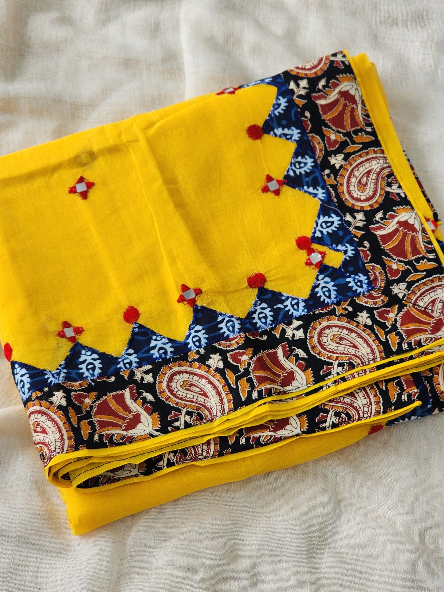 Yellow Cotton Applique Saree
