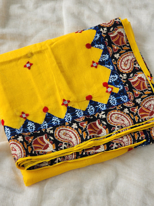 Yellow Cotton Applique Saree