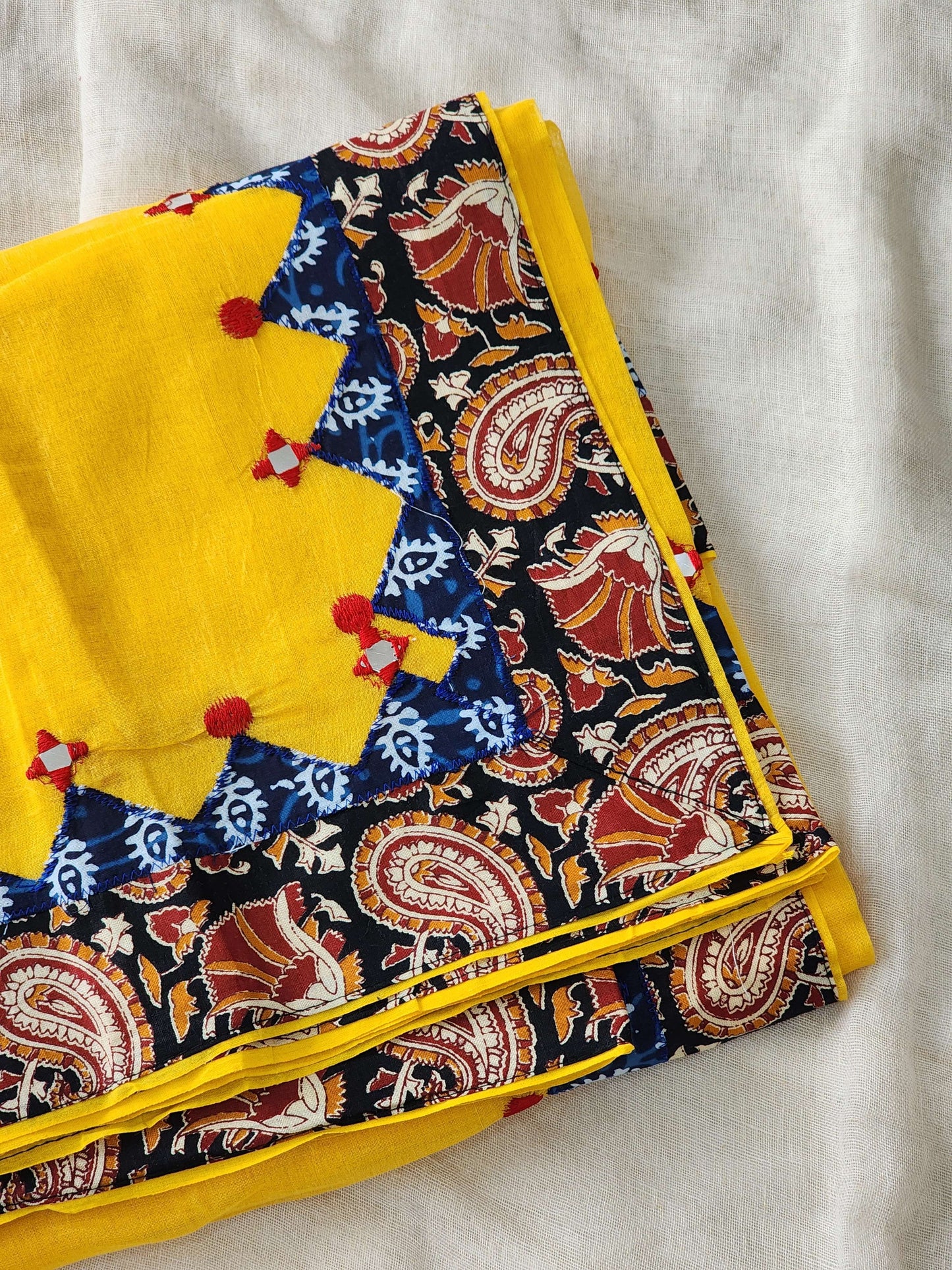 Yellow Cotton Applique Saree