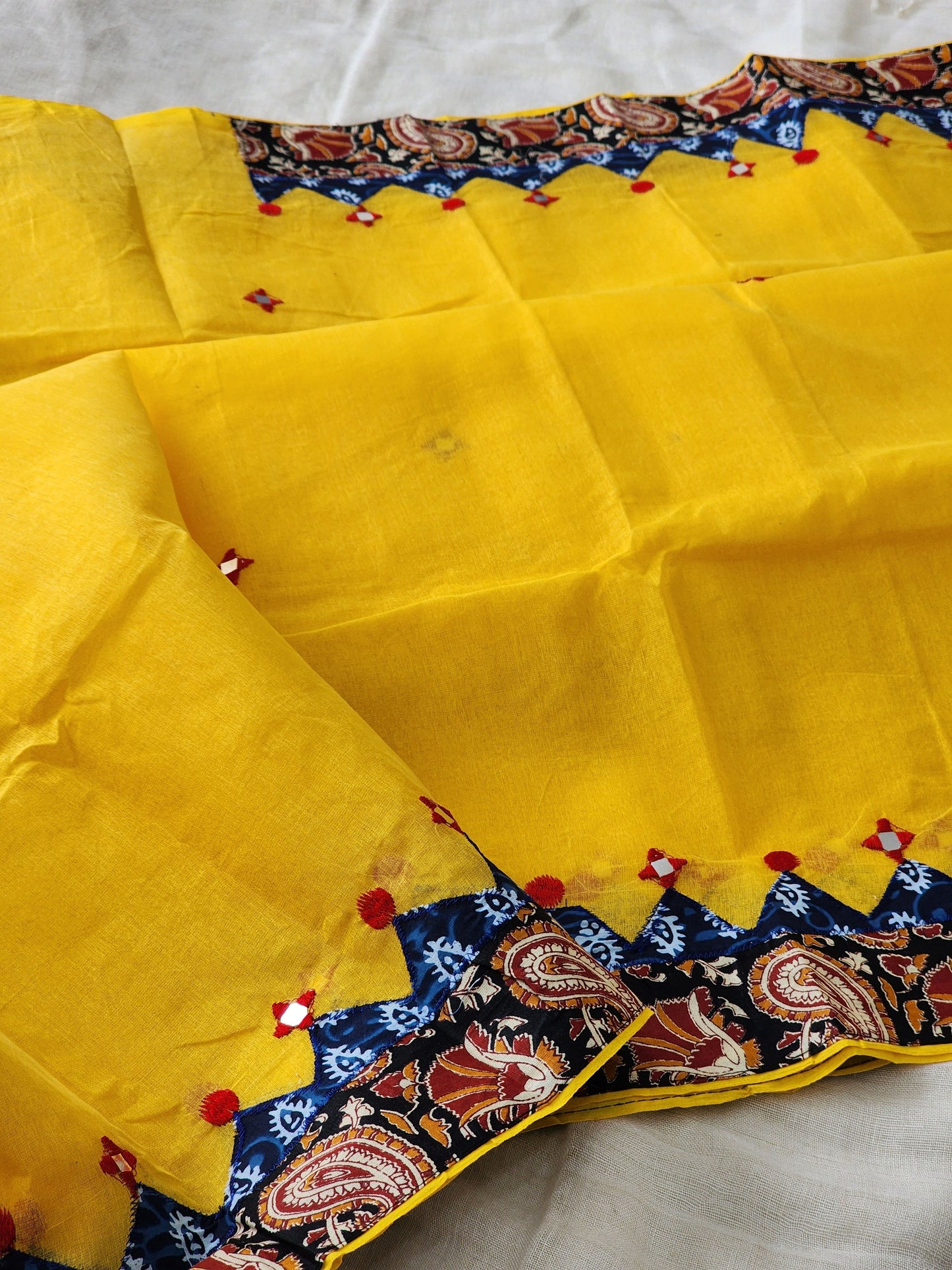 Yellow Cotton Applique Saree