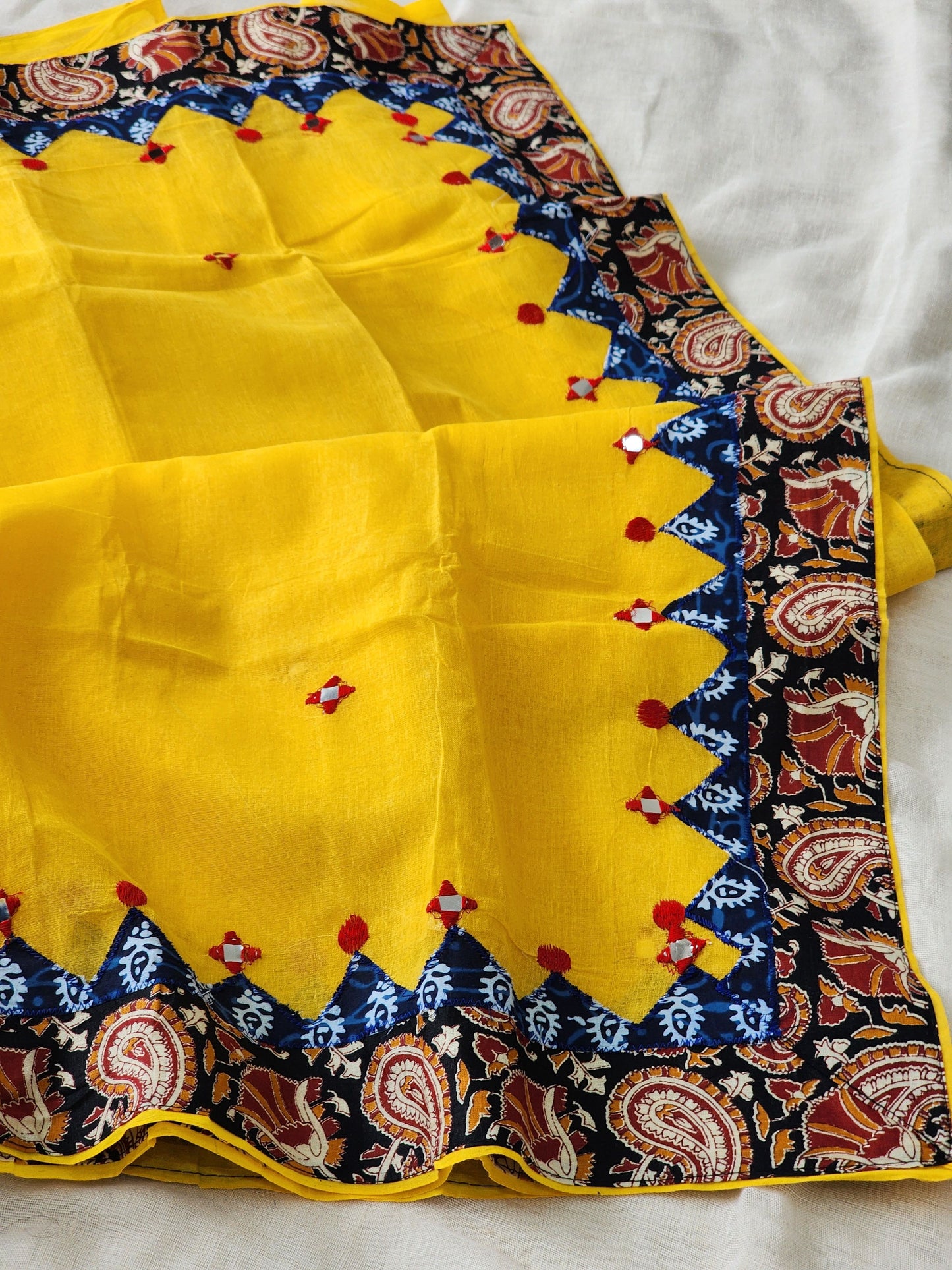 Yellow Cotton Applique Saree
