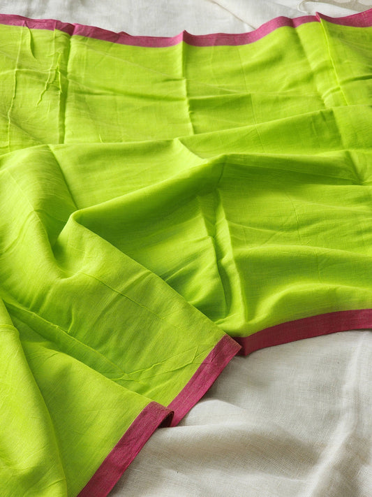 Neon green mulmul cotton saree