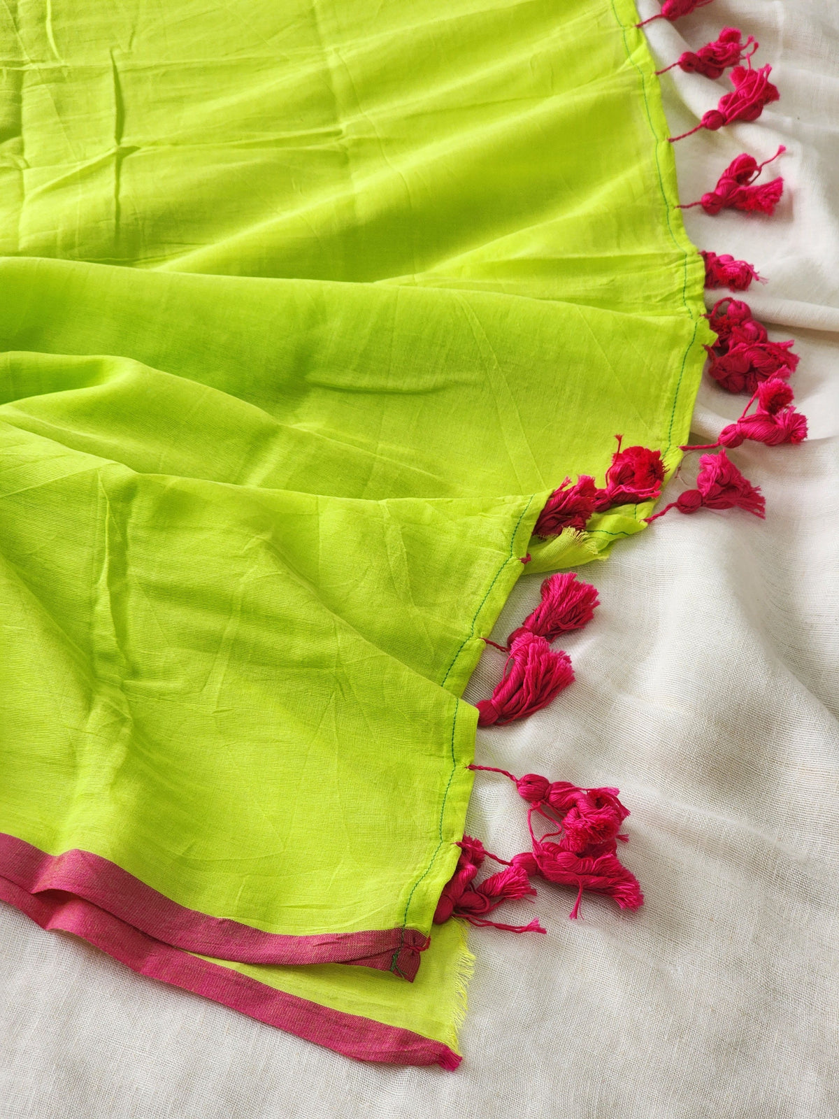 Neon green mulmul cotton saree