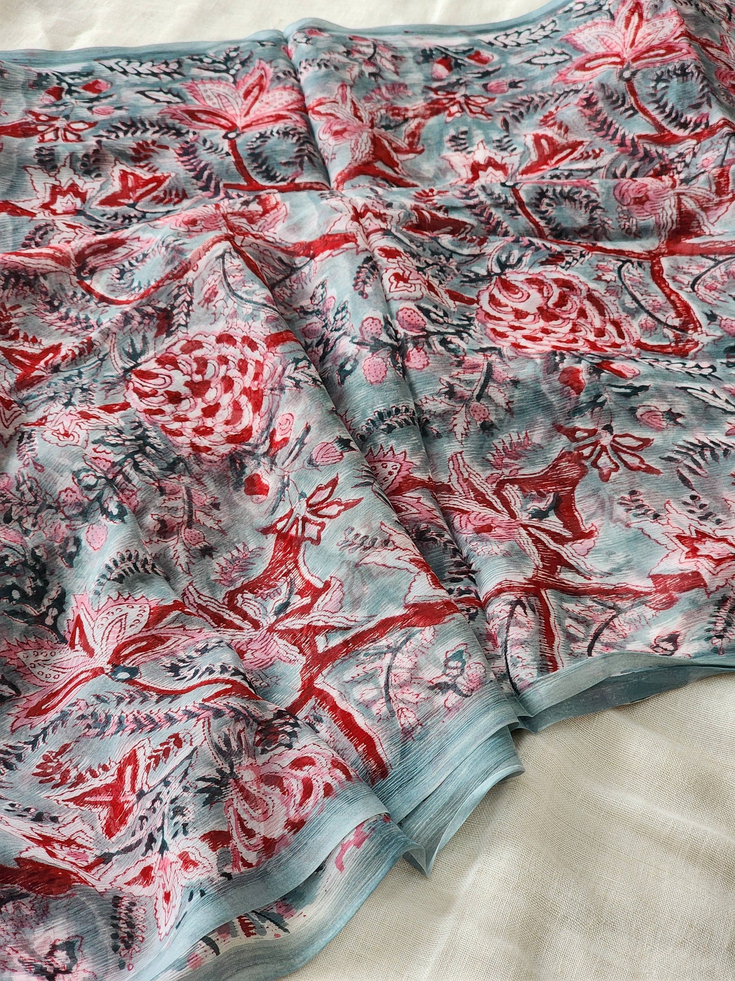 Dusty Blue Chiffon Handblock Saree