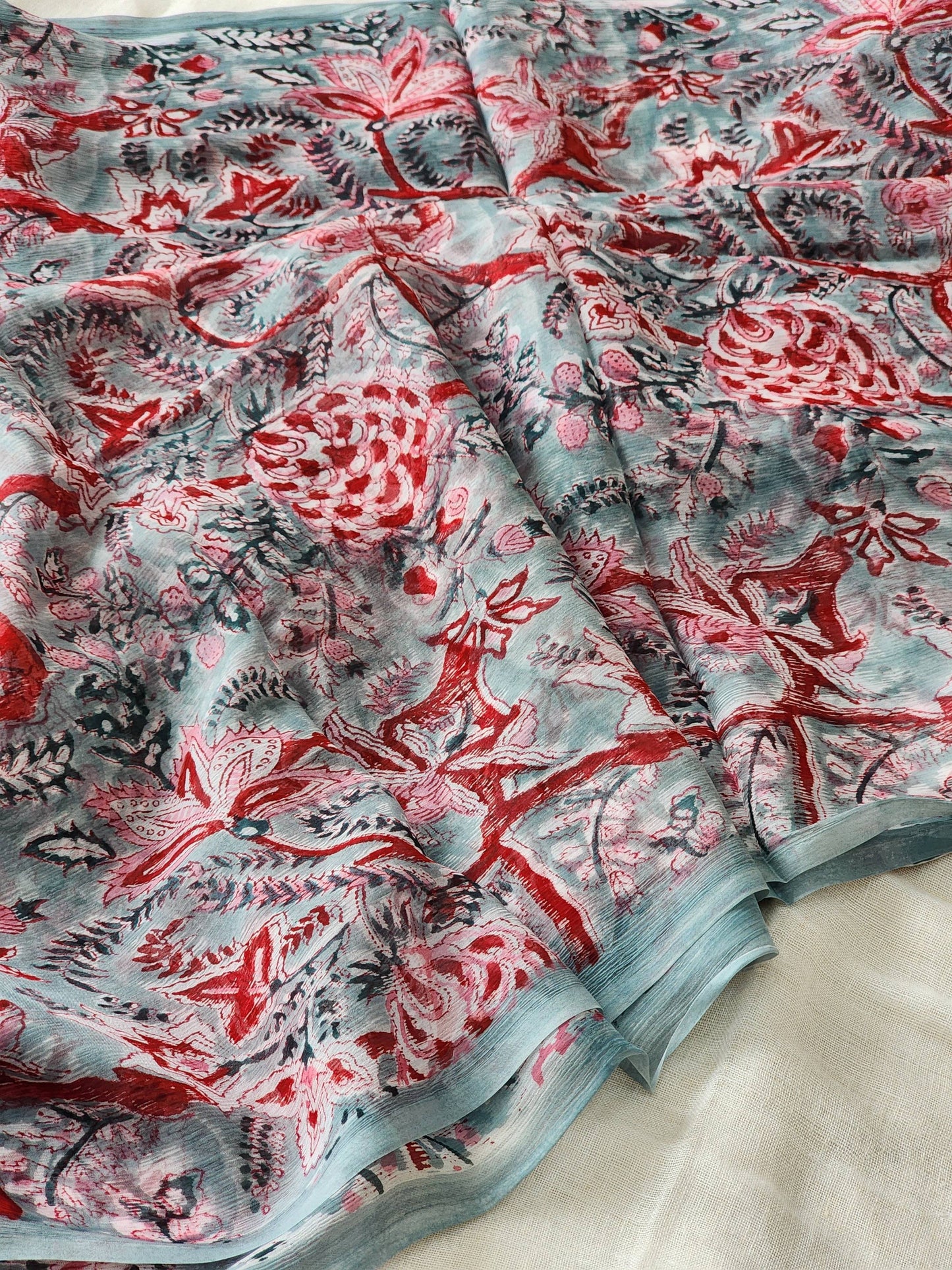 Dusty Blue Chiffon Handblock Saree