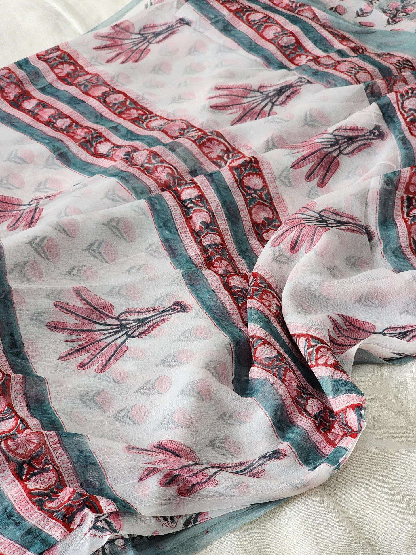 Dusty Blue Chiffon Handblock Saree