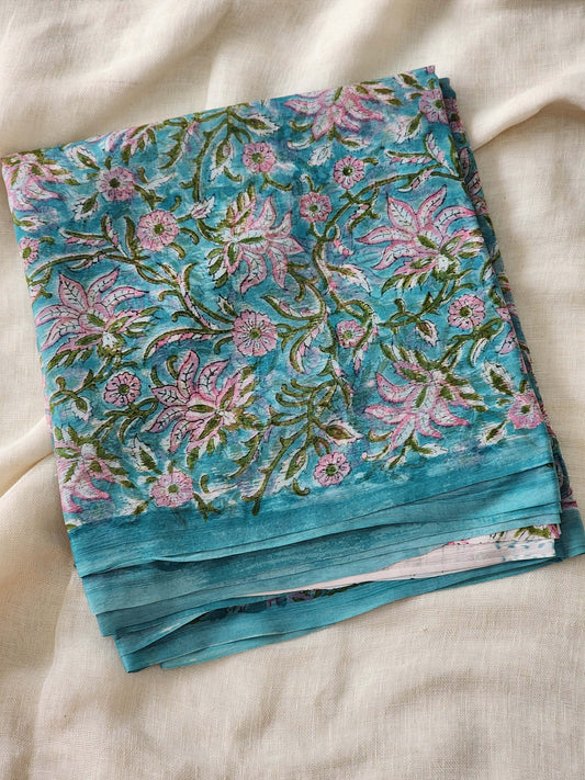 Dusty Blue Chiffon Handblock Saree