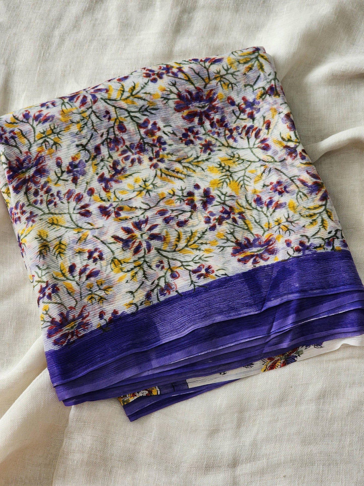 White Chiffon Handblock Saree
