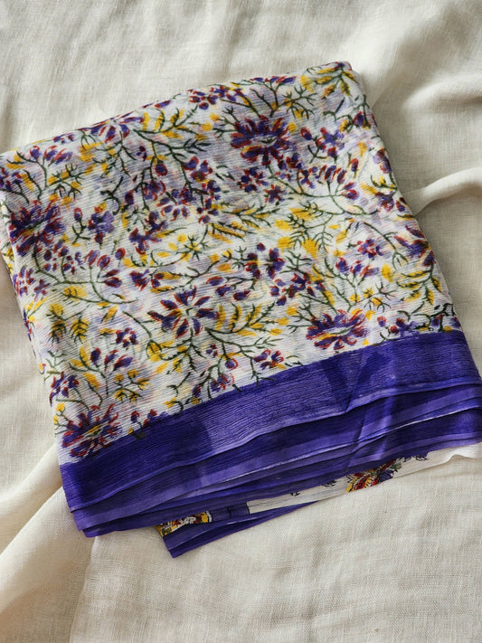 White Chiffon Handblock Saree