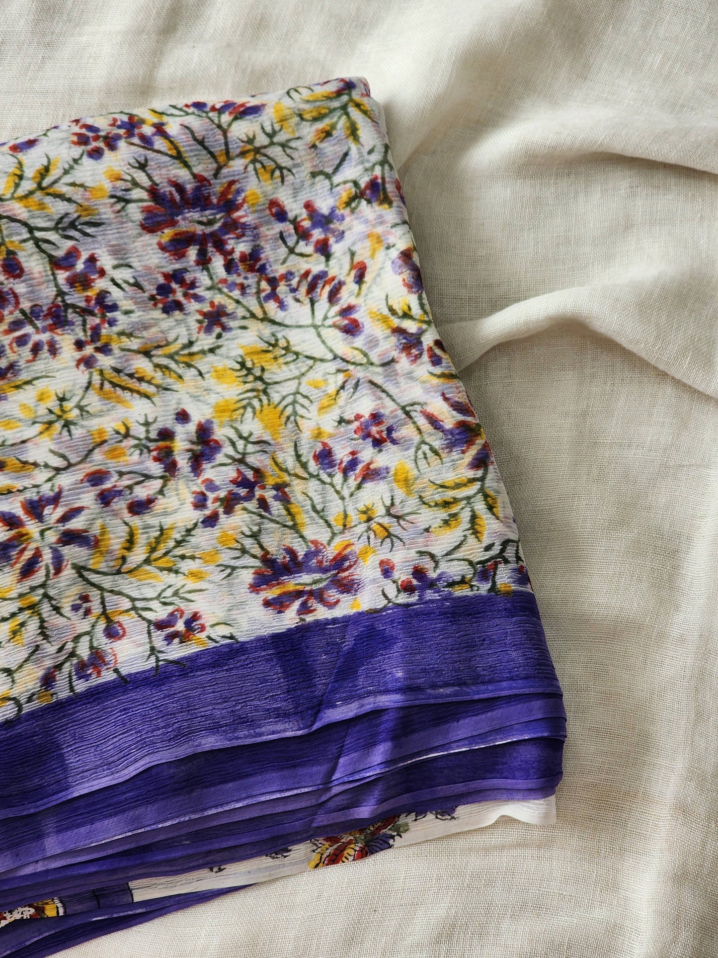 White Chiffon Handblock Saree