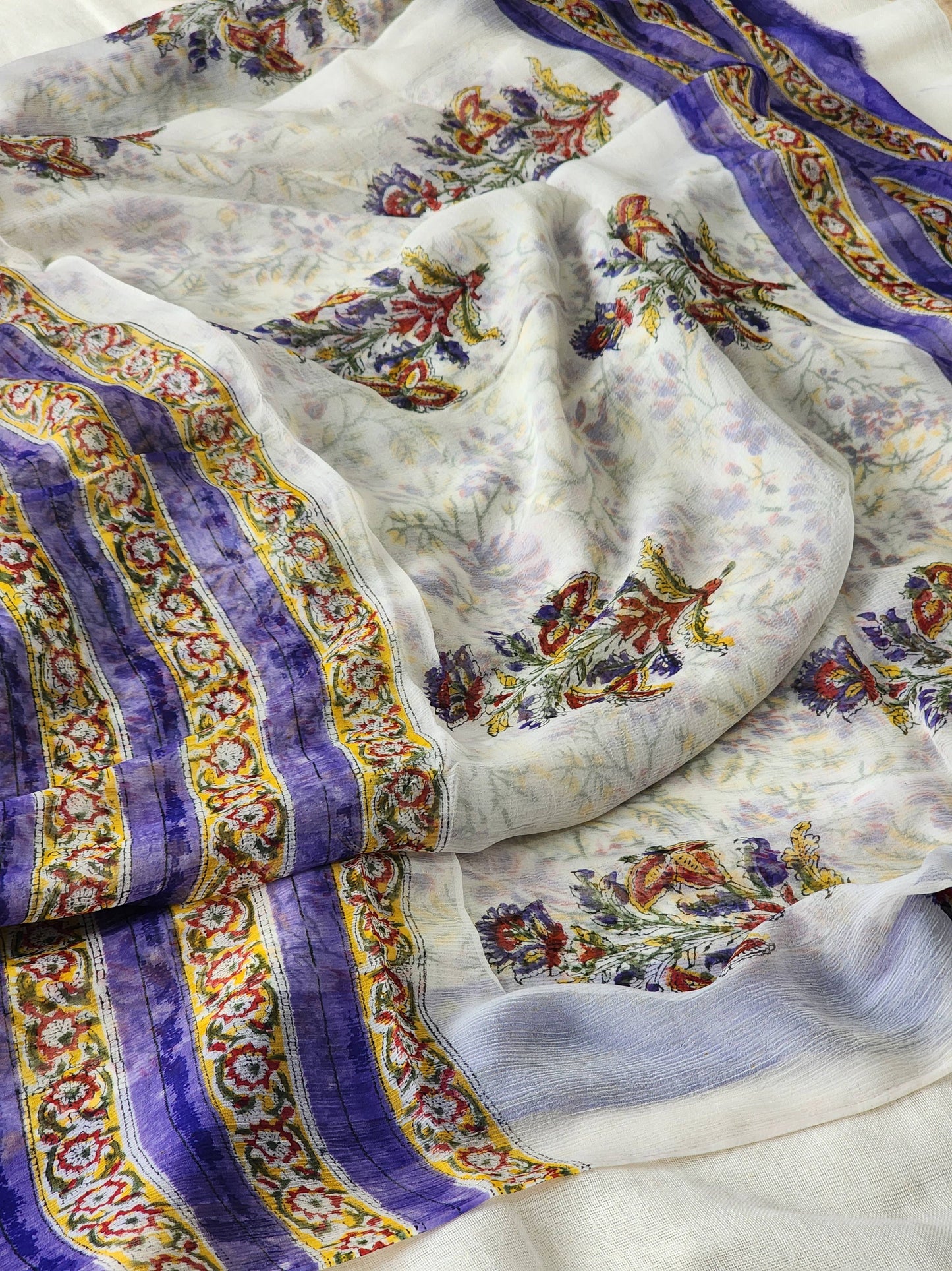 White Chiffon Handblock Saree