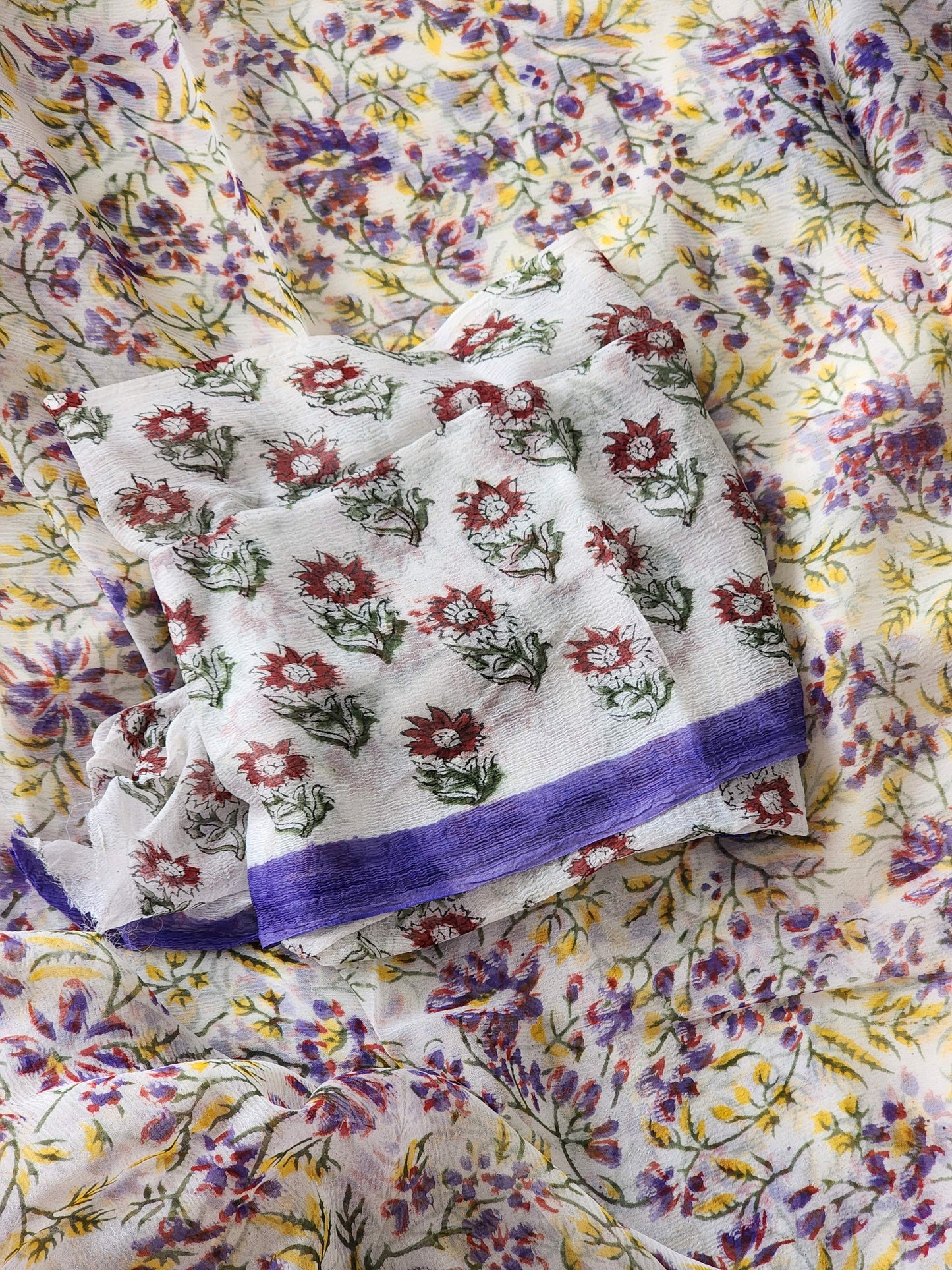 White Chiffon Handblock Saree