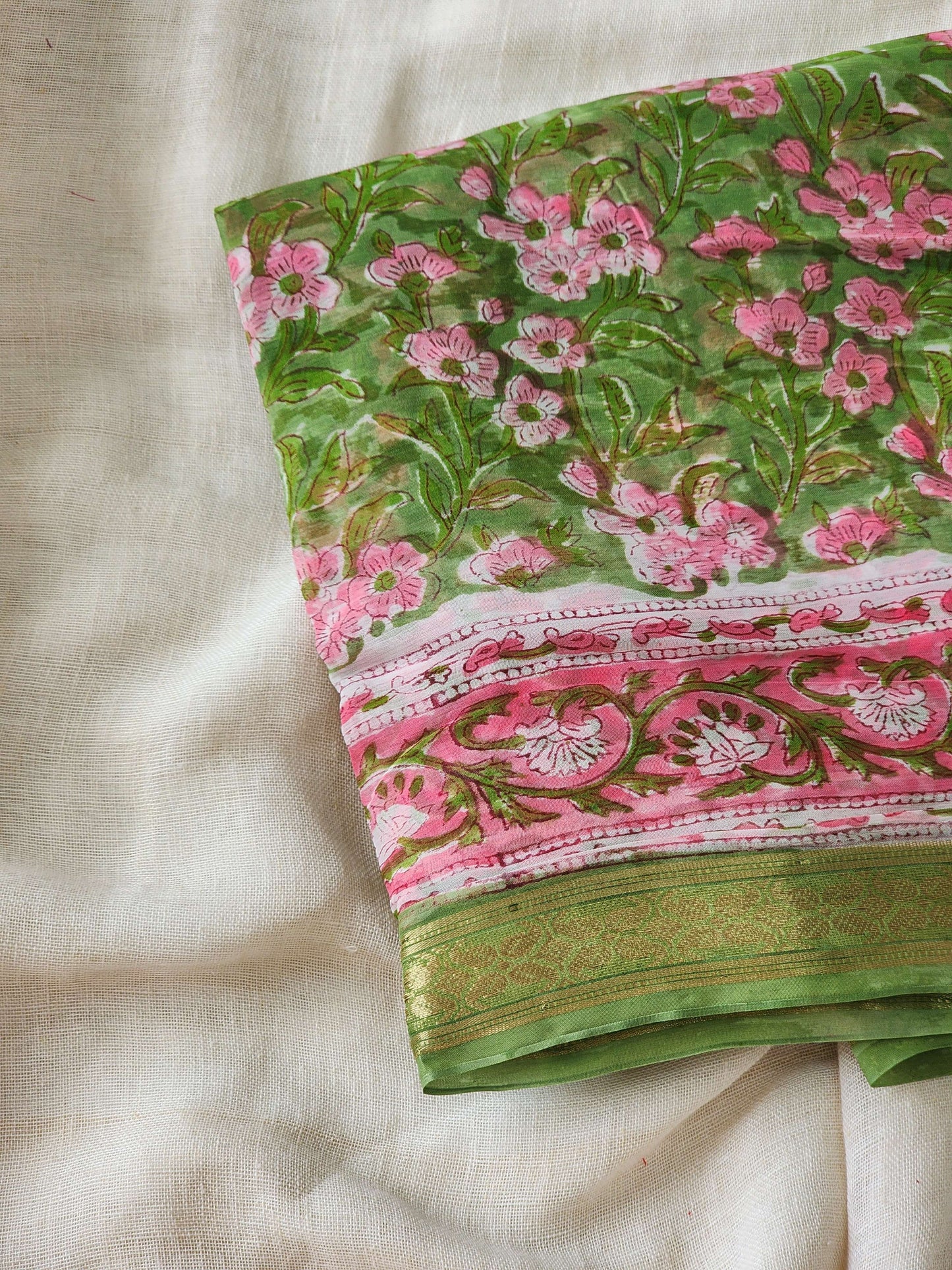 Green Chiffon Handblock Saree