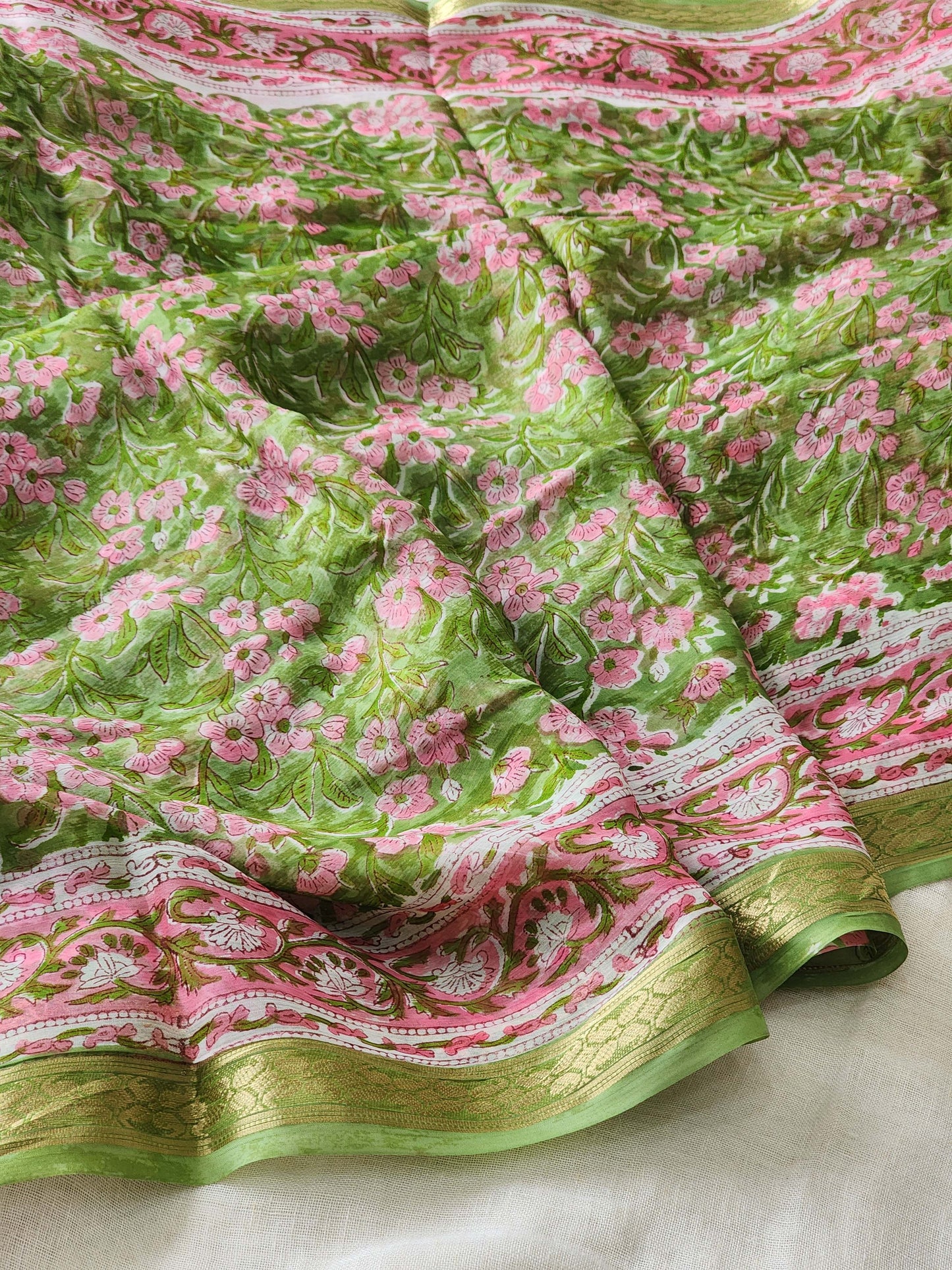 Green Chiffon Handblock Saree