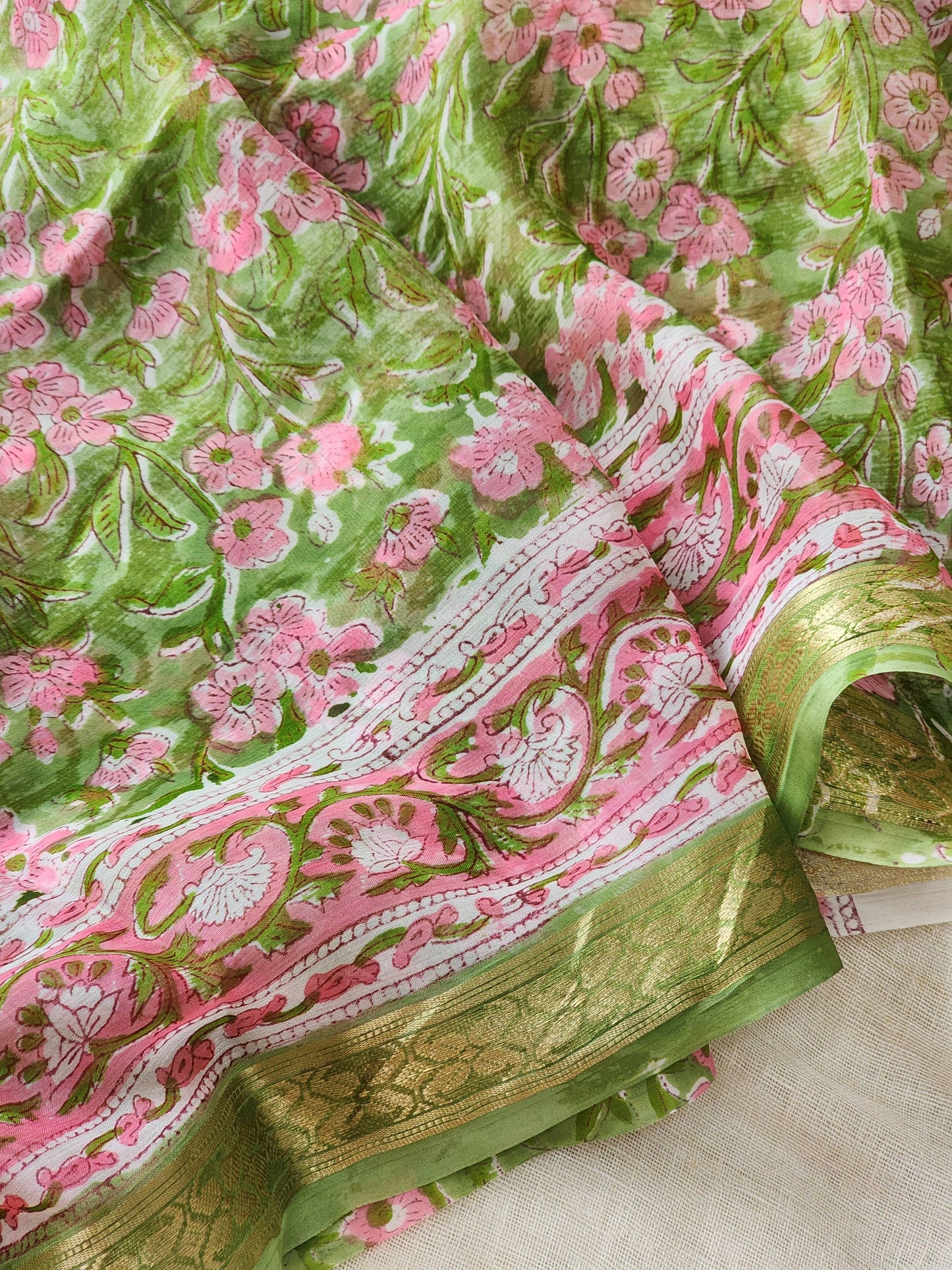 Green Chiffon Handblock Saree