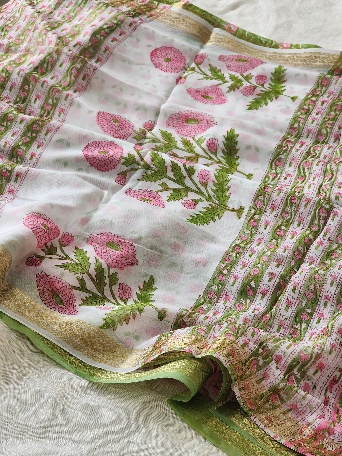 Green Chiffon Handblock Saree