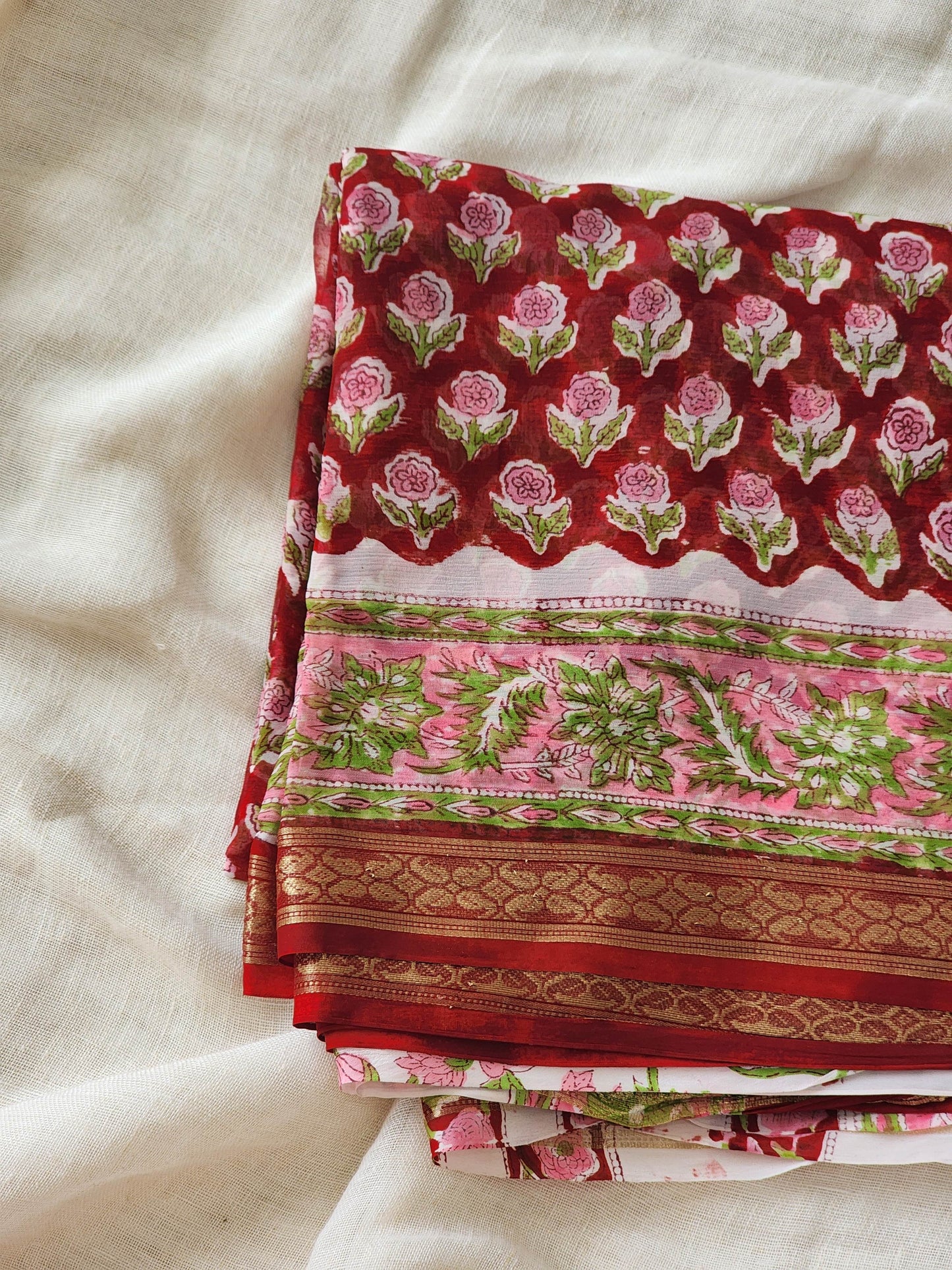Red Chiffon Handblock Saree