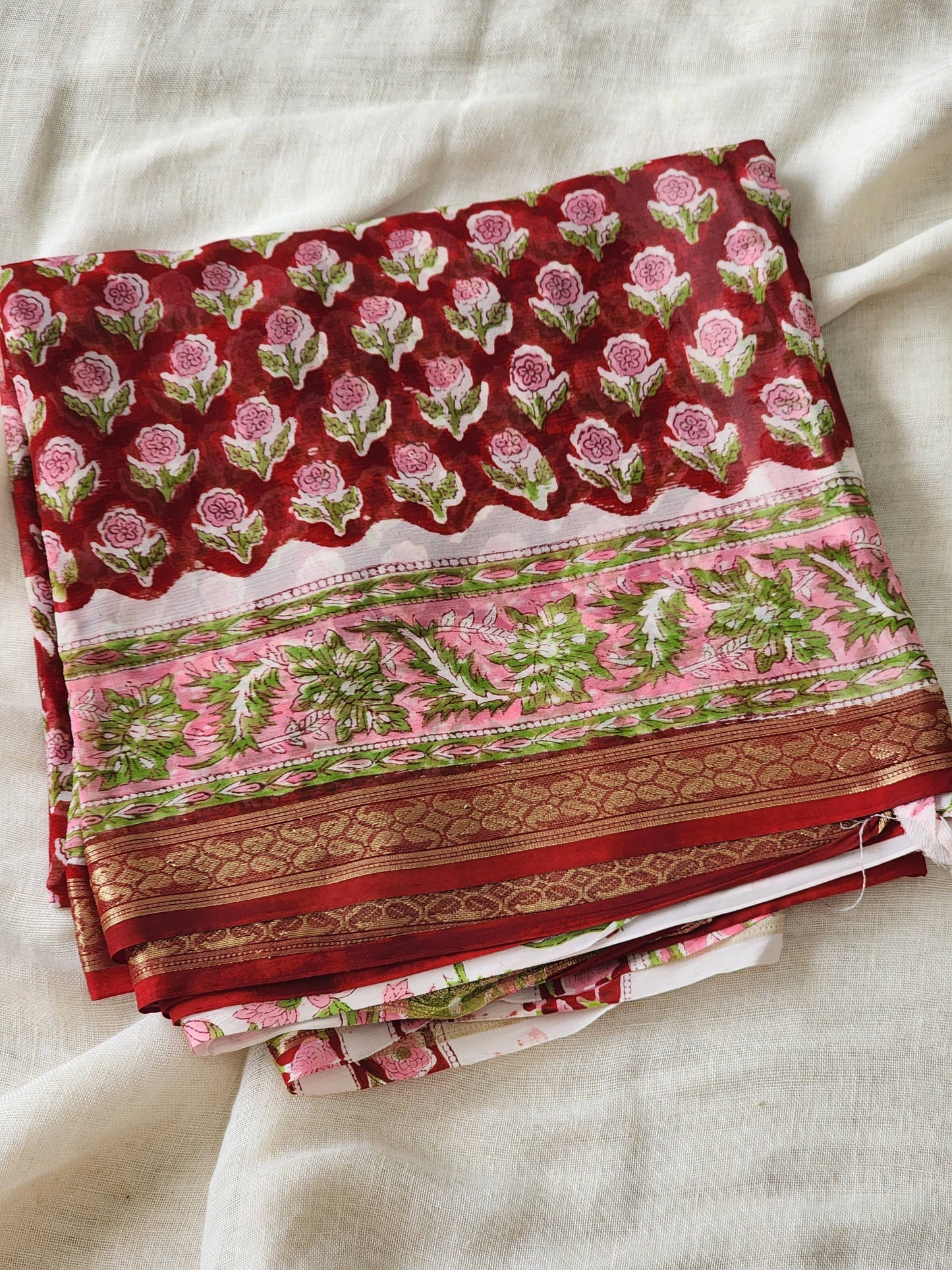 Red Chiffon Handblock Saree