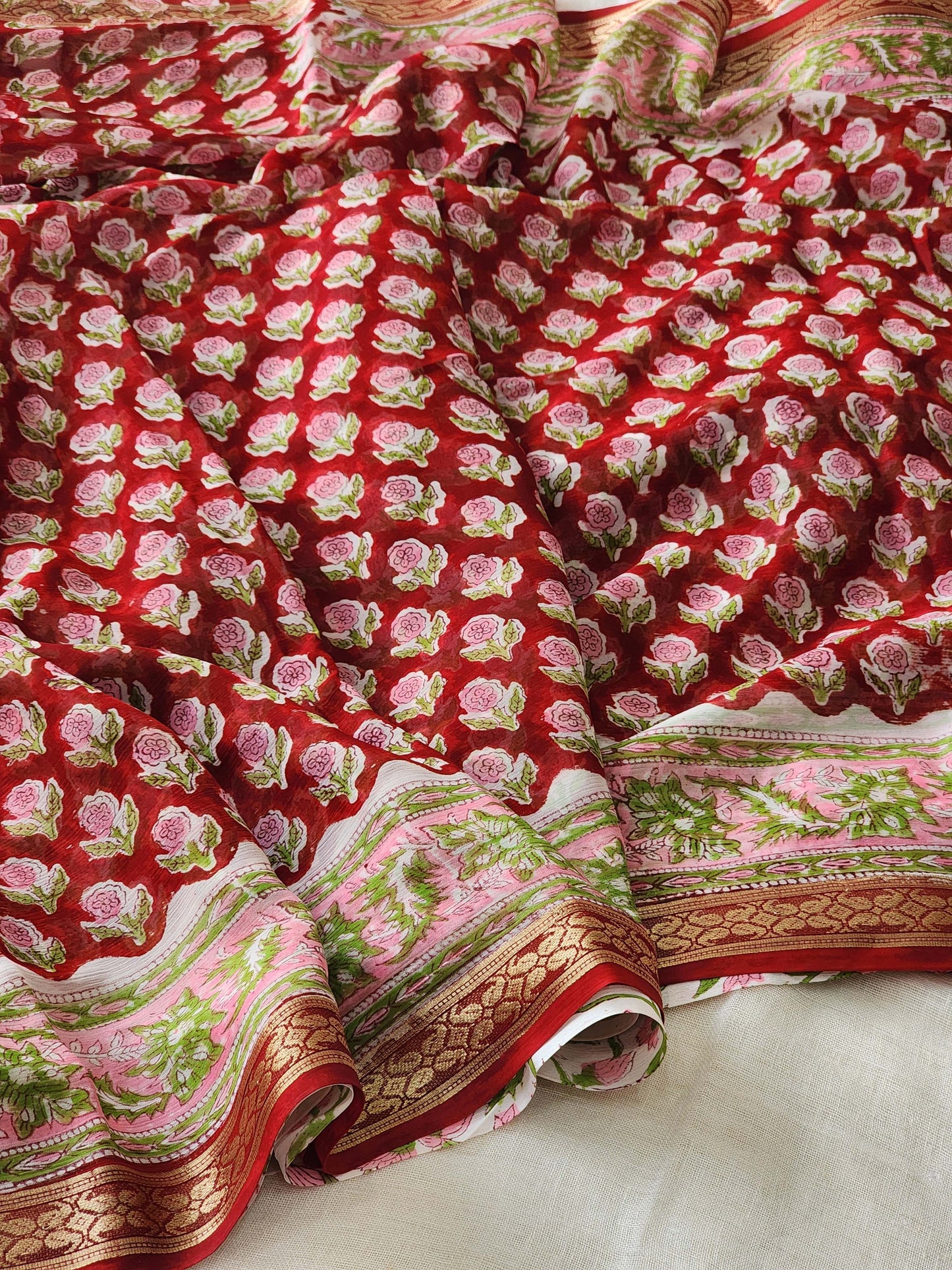 Red Chiffon Handblock Saree