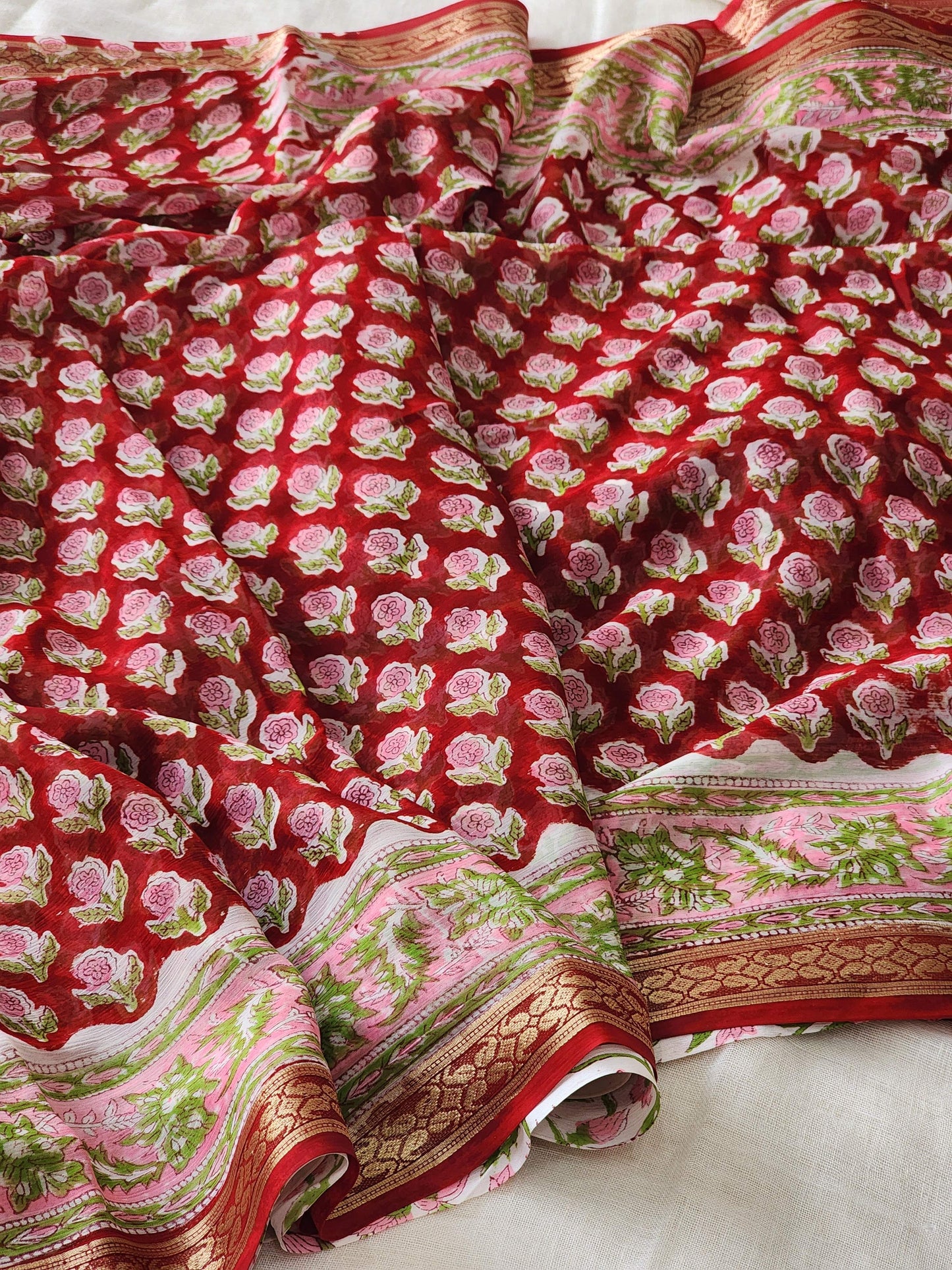 Red Chiffon Handblock Saree