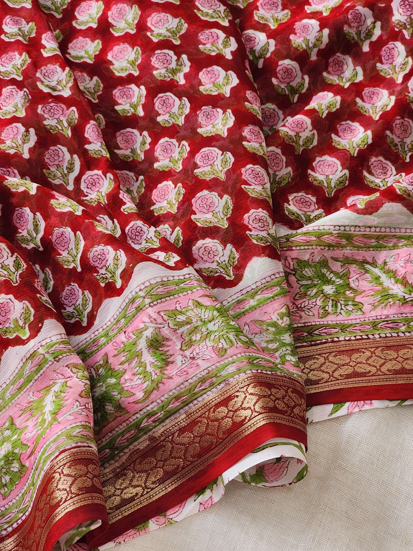 Red Chiffon Handblock Saree