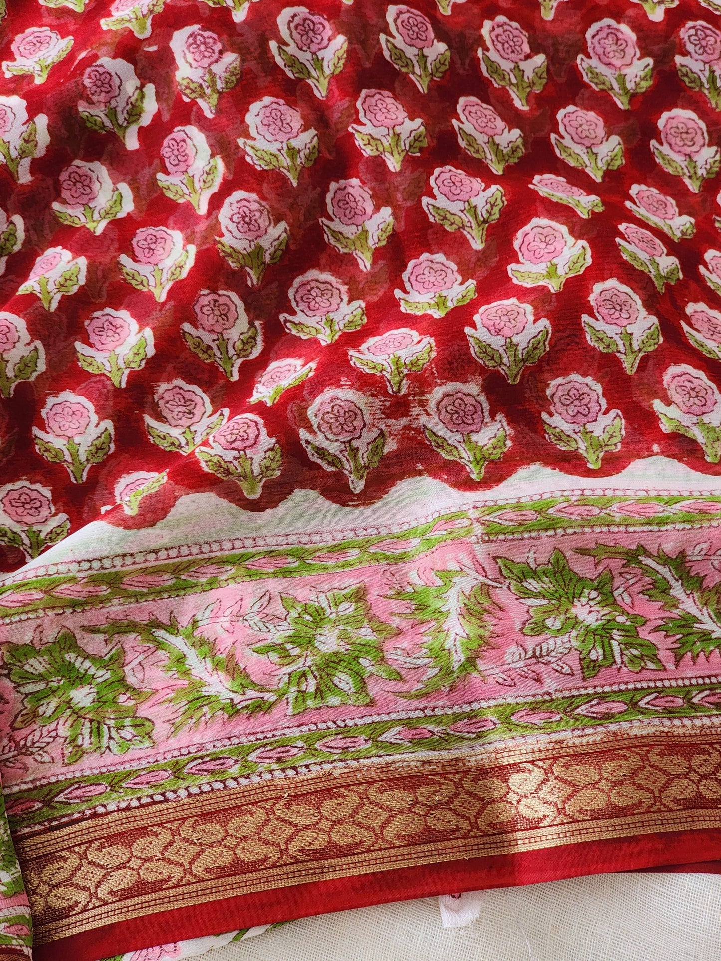 Red Chiffon Handblock Saree