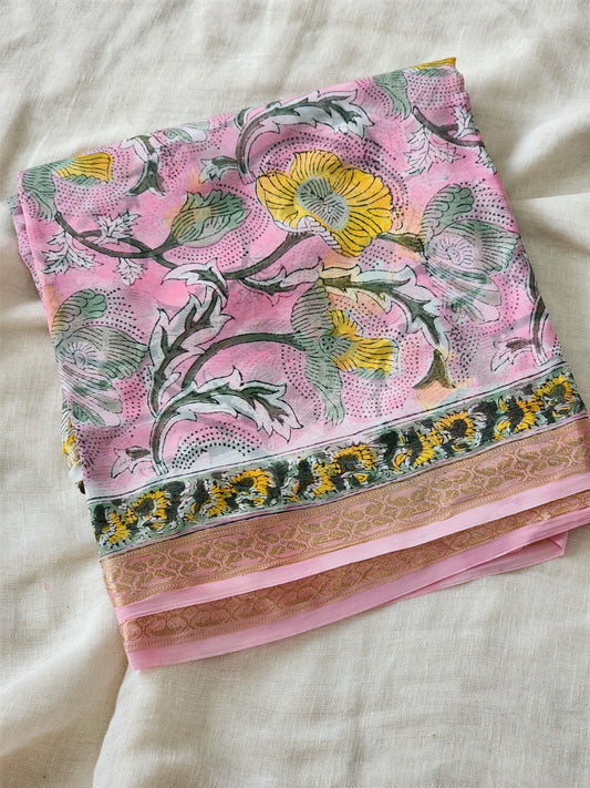 Pink Chiffon Handblock Saree