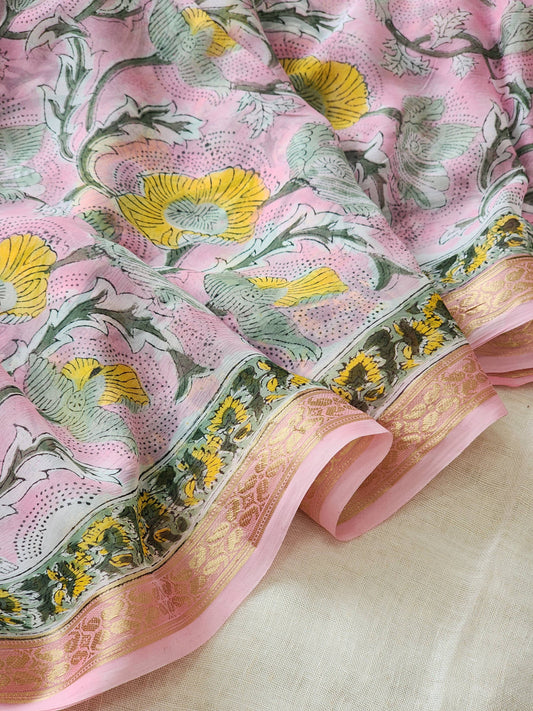 Pink Chiffon Handblock Saree