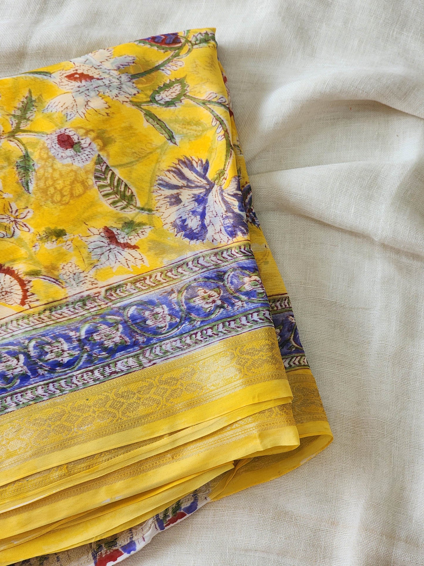Yellow Chiffon Handblock Saree