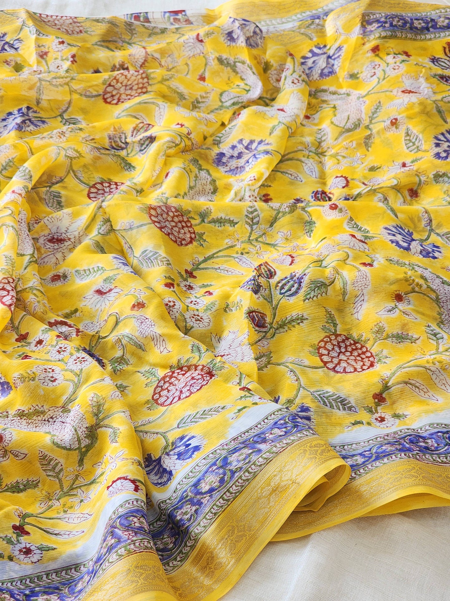 Yellow Chiffon Handblock Saree