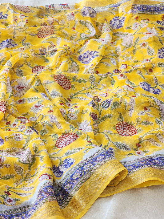 Yellow Chiffon Handblock Saree