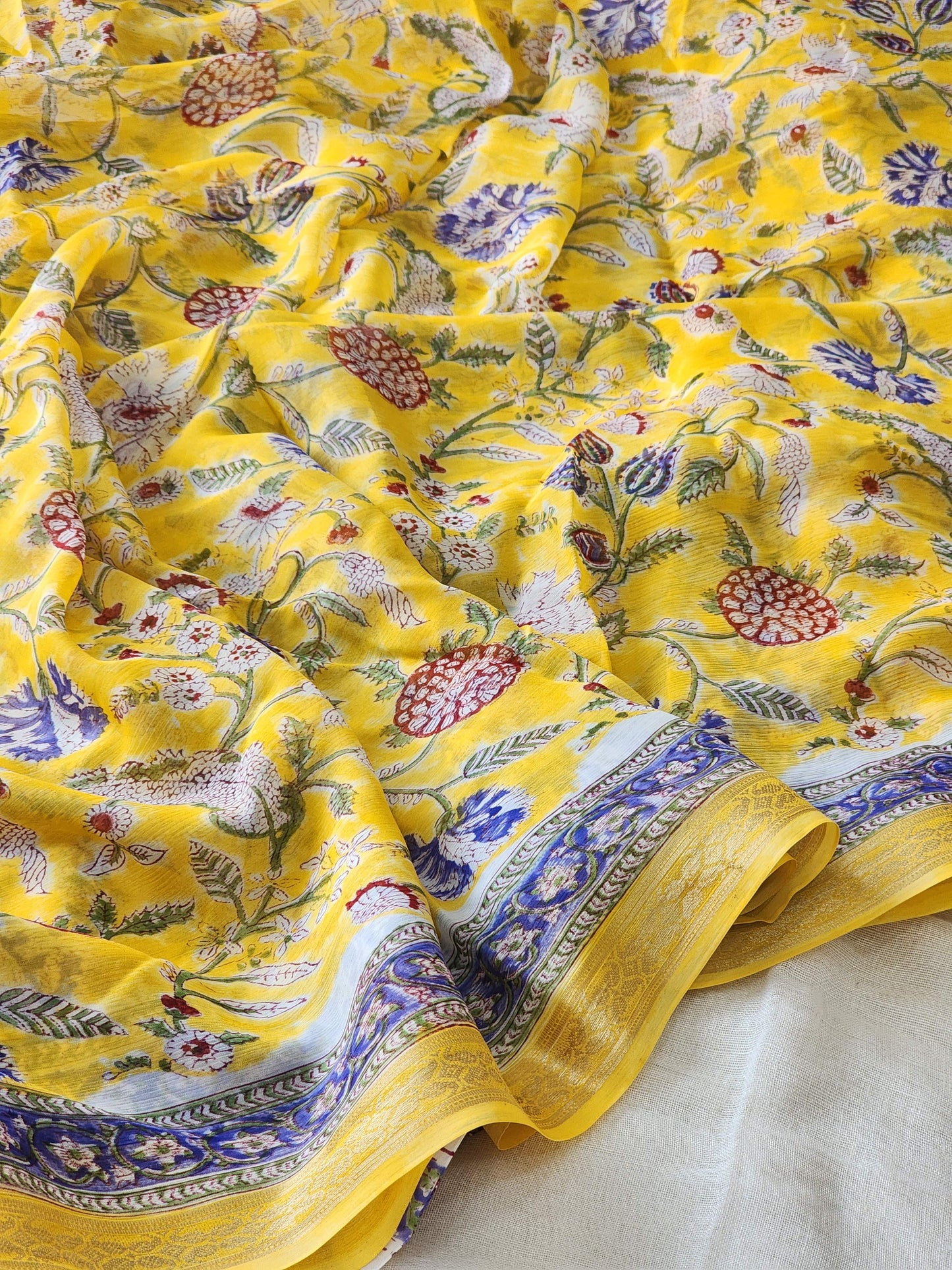 Yellow Chiffon Handblock Saree