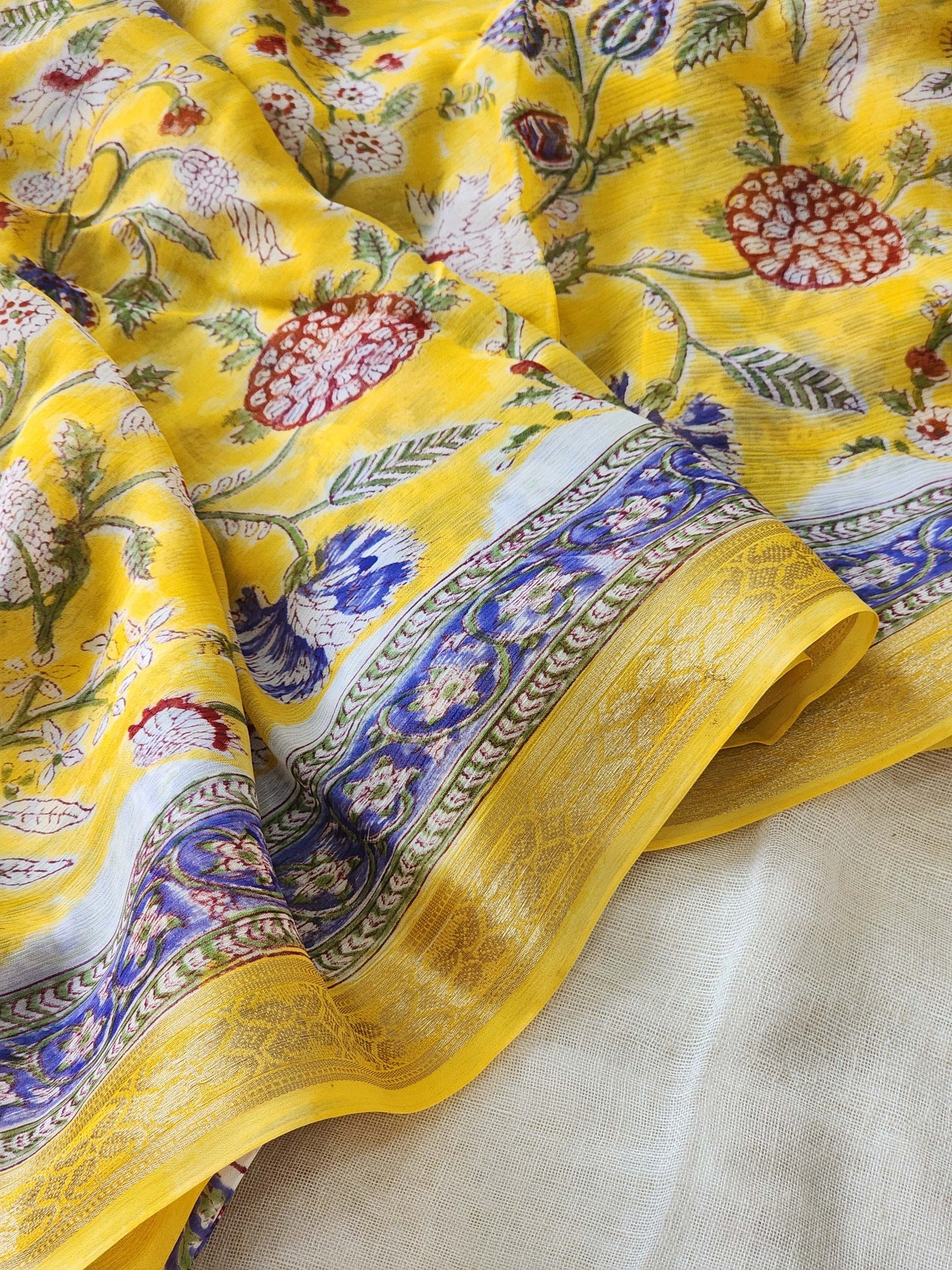 Yellow Chiffon Handblock Saree