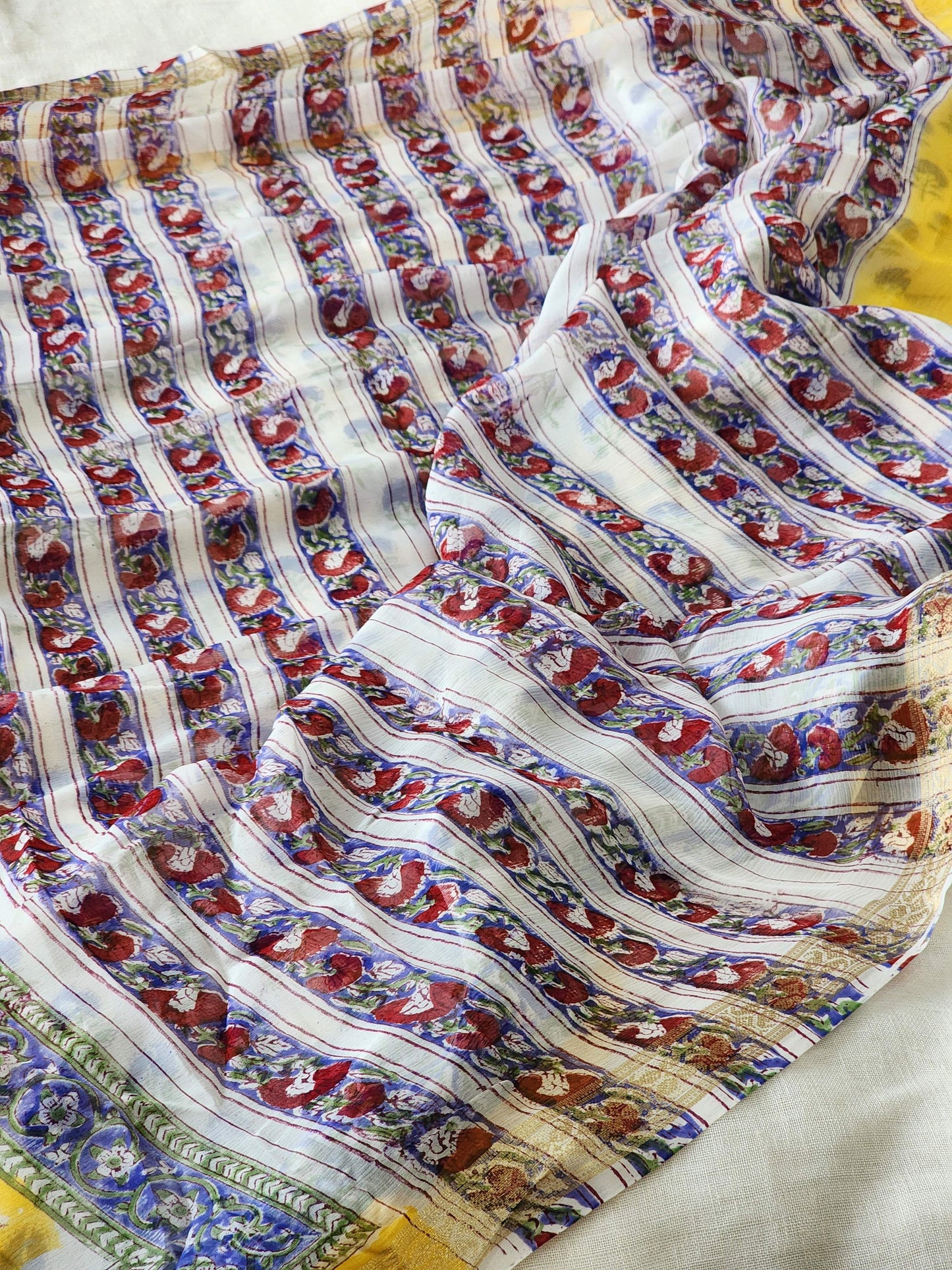 Yellow Chiffon Handblock Saree