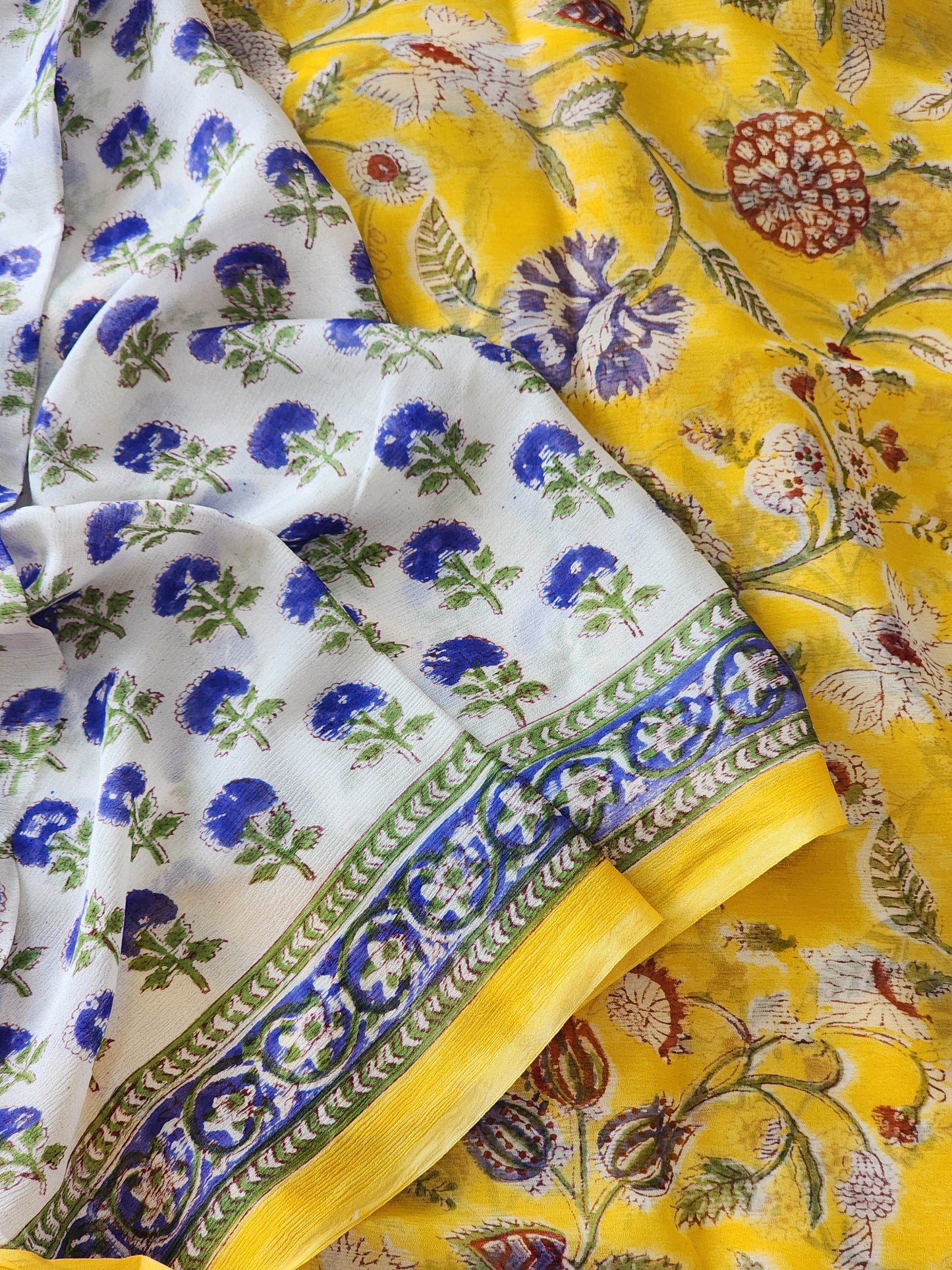 Yellow Chiffon Handblock Saree