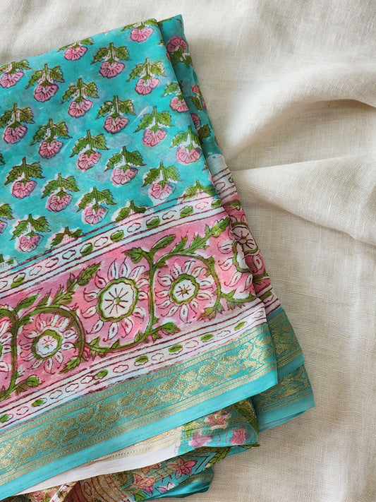 Sea Green Chiffon Handblock Saree