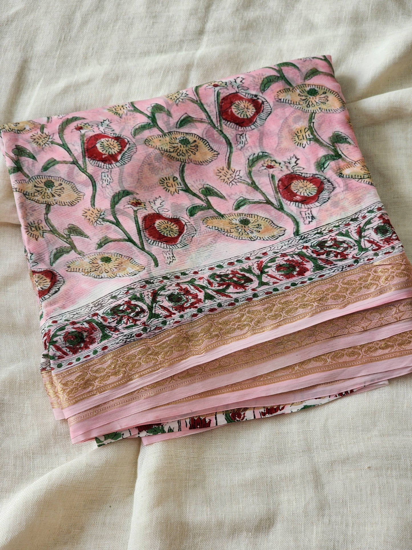 Pink Chiffon Handblock Saree