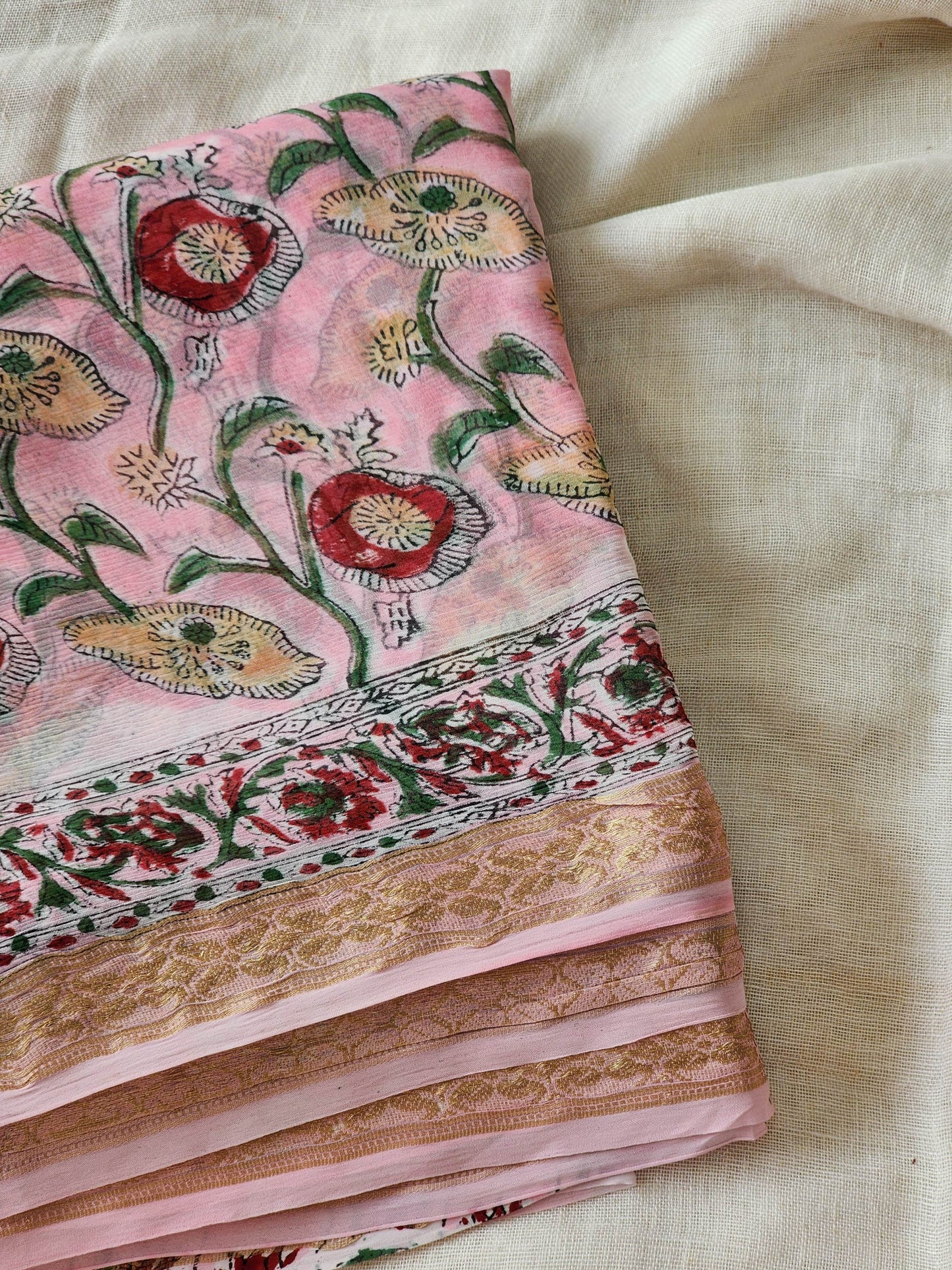 Pink Chiffon Handblock Saree