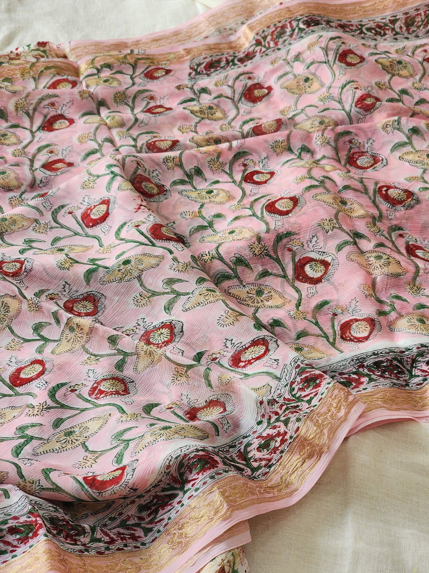 Pink Chiffon Handblock Saree