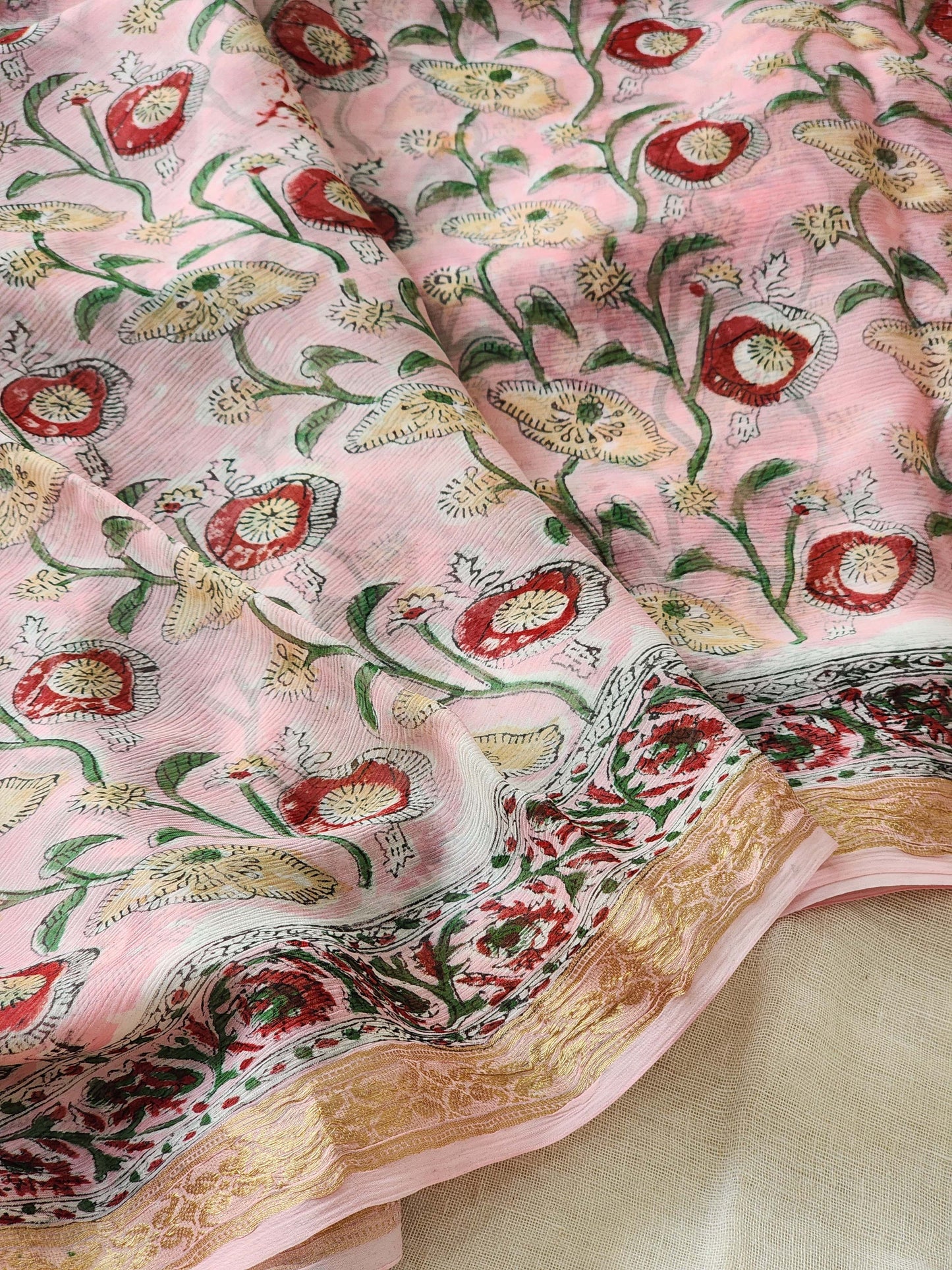Pink Chiffon Handblock Saree