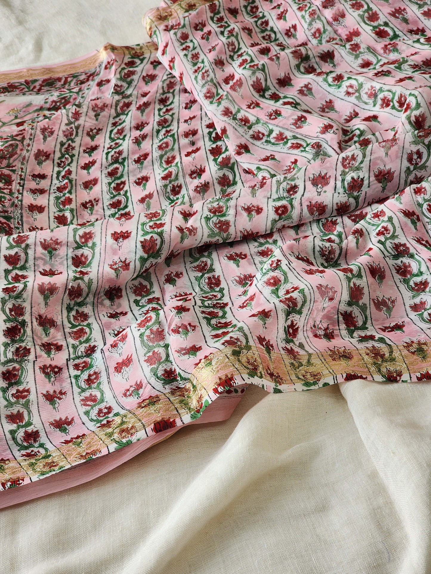 Pink Chiffon Handblock Saree