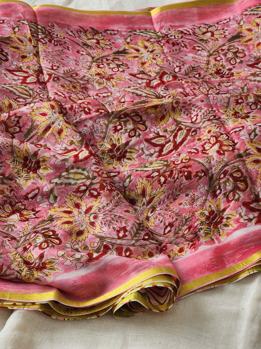Pink Chiffon Handblock Saree