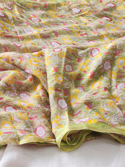 Green Chiffon Handblock Saree