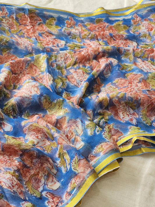 Blue Chiffon Handblock Saree