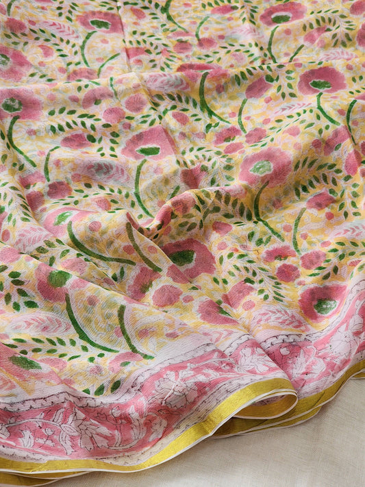 Light Yellow Chiffon Handblock Saree
