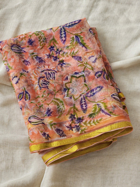 Peach Chiffon Handblock Saree