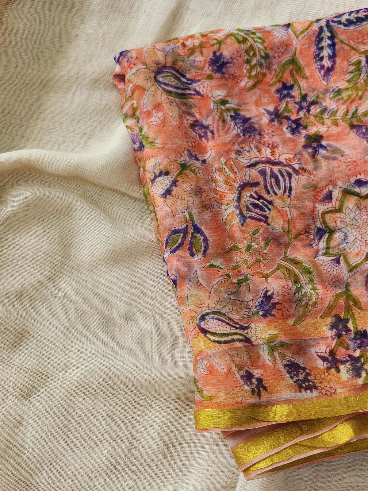 Peach Chiffon Handblock Saree