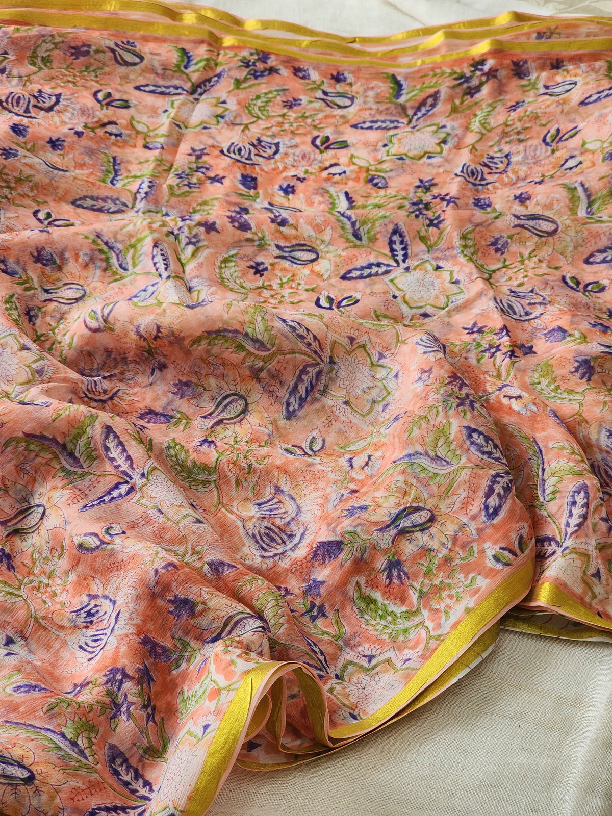 Peach Chiffon Handblock Saree