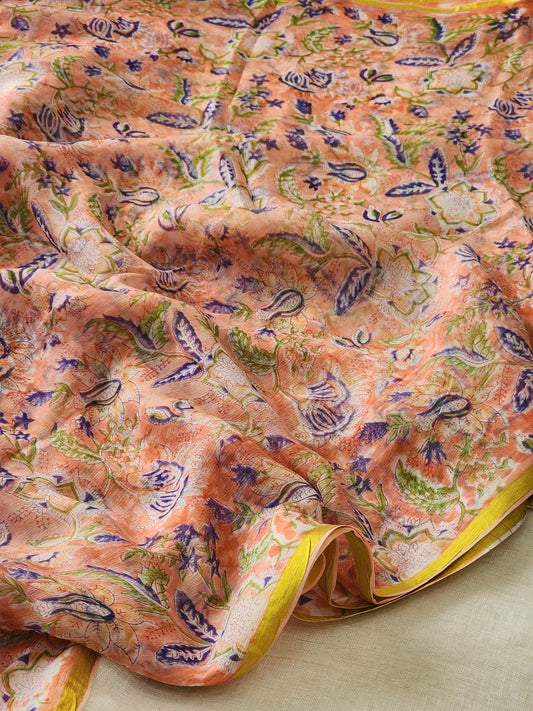 Peach Chiffon Handblock Saree